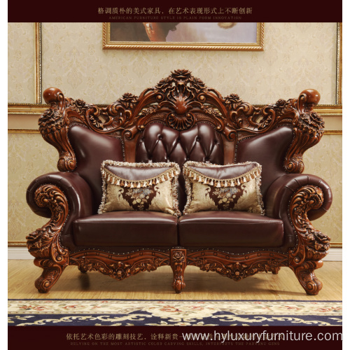 classic brown leather hand craved European style sofa